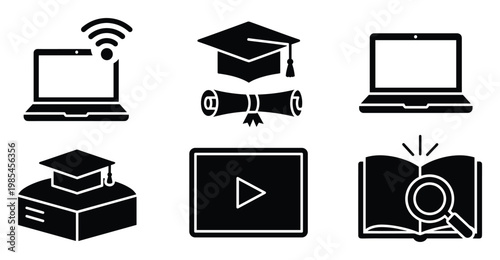 Collection of digital education icons representing online learning resources academic achievement research and distance studying for various educational applications