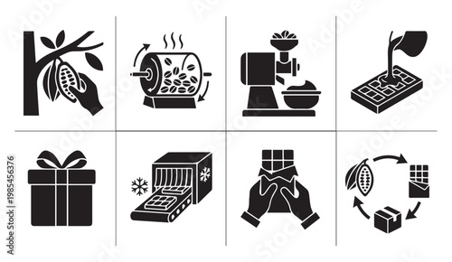 Chocolate making process icons set with chocolate roasting grinding conching