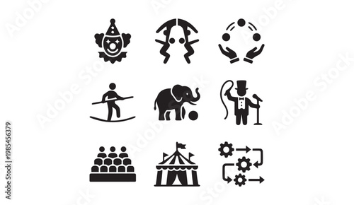 Circus performance icons set with performance acrobats juggling tightrope