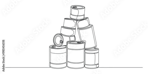 A continuous line drawing depicting a pile of various tin cans stacked precariously, representing concepts of food storage, household goods, or recycling, suitable for modern graphic