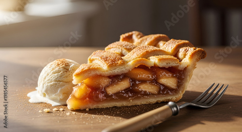 Slice of peach pie with ice cream.