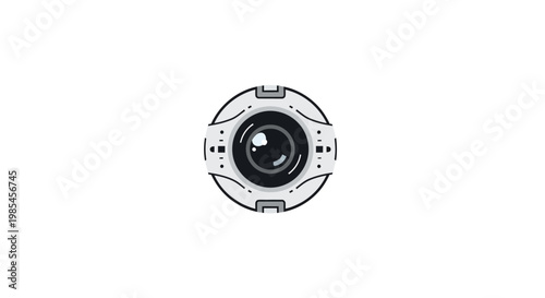 A black and white illustration of a camera lens.