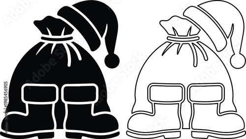 Christmas Santa Claus sack filled with gifts along with his iconic holiday hat and winter boots for festive design.