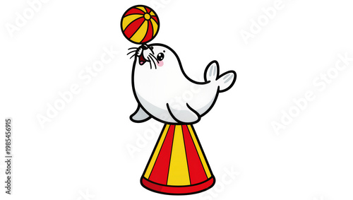 White Seal Balancing on Red Yellow Striped Drum with Yellow Ball