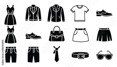A comprehensive collection of solid glyph style apparel and personal accessories icons for shopping applications, wardrobe guides, and modern clothing store branding graphics