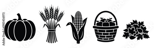 Black silhouettes of autumn harvest items including pumpkin wheat corn apples and leaves are perfect for seasonal greetings fall festivals and Thanksgiving holiday marketing materials