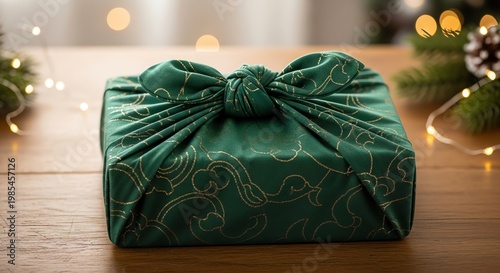 Festive Christmas Gift Wrapped in Elegant Green Paper with Gold Accents on Wooden Table.