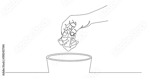Human hand dropping a crumpled paper into a receptacle, symbolizing discarding ideas, waste management, or moving past failures, perfect for environmental, business, and conceptual