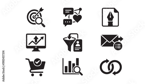 Collection of black marketing and business icons on white background