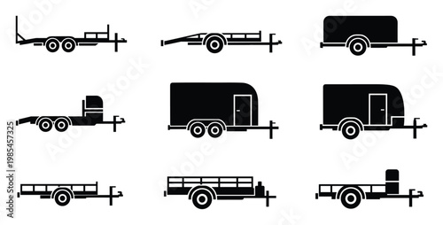 Professional set of black silhouette utility trailers featuring diverse flatbed, enclosed cargo, and equipment transport options, perfect for graphic assets, logistics presentations, and