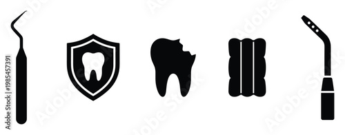 Dental health and treatment icons featuring a dental explorer, tooth shield, broken tooth, cotton rolls, and curing light, useful for clinics, educational content, and oral hygiene