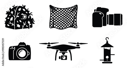 Black glyph symbols representing diverse equipment for wildlife observation and nature photography, including cameras, hide, net, and feeder, suitable for outdoor graphic applications.