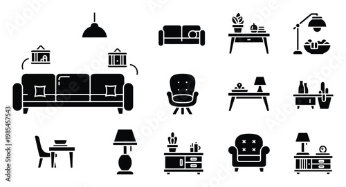 Collection of diverse black silhouette icons representing various modern household furniture and decor items perfect for interior design applications and home furnishing concepts