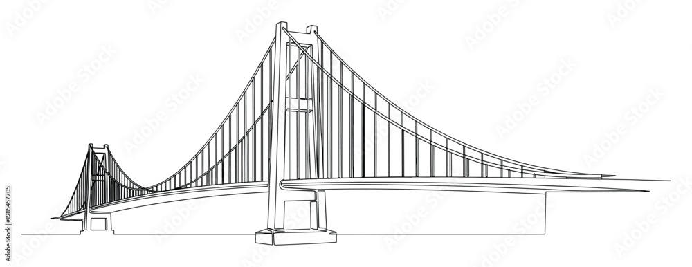 Fototapeta premium Minimalist continuous line drawing of a majestic suspension bridge architectural structure for engineering and transportation projects or a modern graphic design element
