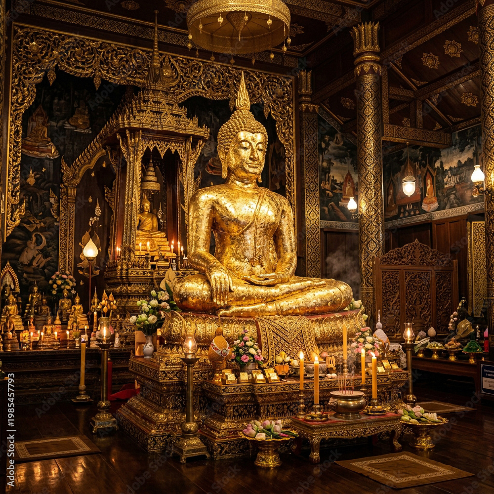 Obraz premium Majestic golden Buddha statue in a traditional, dimly lit Thai temple interior 