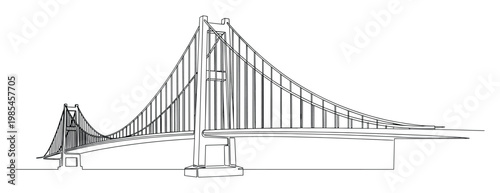 Minimalist continuous line drawing of a majestic suspension bridge architectural structure for engineering and transportation projects or a modern graphic design element