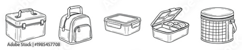 Monochrome outline set of lunch boxes, insulated bags, and food containers ideal for school, office, picnic, and meal preparation for organized onthego eating solutions.