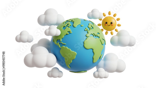 Tableau sur toile Clay Earth Globe with Smiling Sun and Fluffy White Clouds