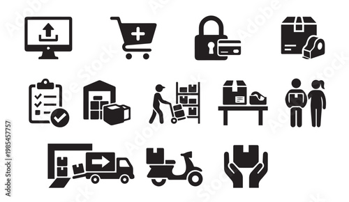 Delivery and courier service icons with e commerce delivery computer shopping