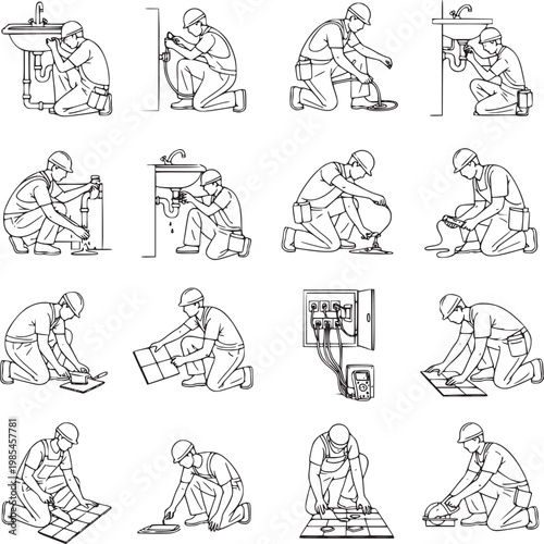 flat design sequence of man performing daily tasks and chores at home and office line art illustration