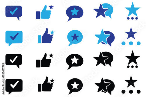 Feedback icons with stars thumbs up and speech bubbles for rating system vector illustration.