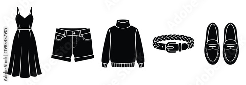 Collection of essential apparel and footwear silhouettes including a formal dress, casual shorts, warm sweater, stylish belt, and classic loafers perfect for clothing catalogs or retail