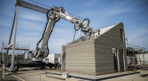 Industrial robotic arm assembling or working on a small building or structure in an outdoor setting.