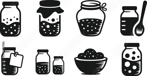 Jar and Preserves Icon Set – Black and White Kitchen Vector Collection