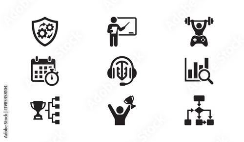 Business and success icons including trophy brainstorming strategy with business