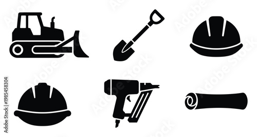 Essential construction worker safety gear and heavy machinery icons such as hard hat shovel nail gun bulldozer and blueprint scroll perfect for industrial and labor projects