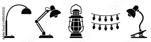 Versatile collection of black silhouette lighting fixtures featuring modern floor lamps, adjustable desk lamps, a classic lantern, and decorative string lights, ideal for interior decor