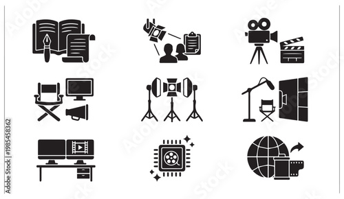 Collection of black and white icons for filmmaking and media production