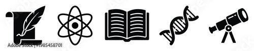 Universal knowledge symbols representing core academic disciplines like science, history, and biology, perfect for educational materials, school projects, and scholarly publications