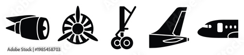 Essential aircraft components representing various airplane parts like engine, propeller, landing gear, tail fin, and cockpit, perfect for aviation themed infographics or website graphics.