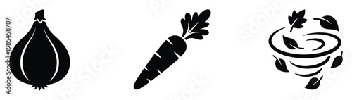 Versatile black silhouette icons of an onion carrot and swirling leaves perfect for conveying healthy food cooking nature or agricultural themes in various media