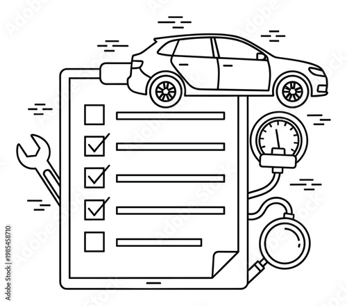 Automotive diagnostic checklist with car and repair tools representing vehicle service and maintenance for auto workshops and inspection businesses