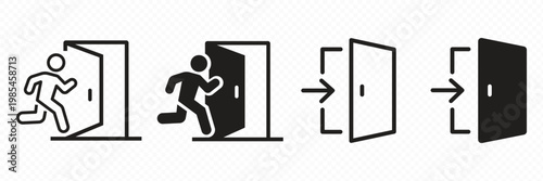 emergency exit sign icon set with running man, arrows, and exit text isolated on white background. Safety evacuation symbols ideal for buildings, public areas, signage systems, and instruction designs