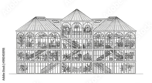 An intricate line drawing depicts a multi story glass conservatory filled with plants and architectural details presented as a silhouette high quality professional detailed