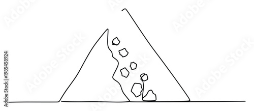 Simple continuous line drawing depicting a mountain rockslide or landslide between two peaks, useful for environmental disaster warnings, geological studies, or minimalist educational