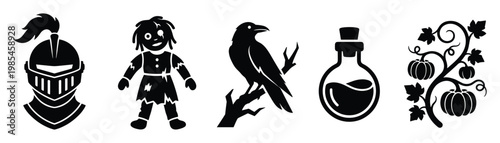 A collection of dark icons featuring a knight helmet, zombie doll, perched crow, magic potion, and decorative pumpkin vine, perfect for themed illustrations and spooky graphic assets.