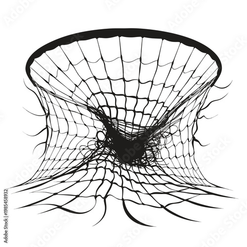 Basketball hoop net vector illustration, black and white sports equipment icon, basketball rim with mesh netting, athletic game competition graphic