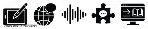 Set of digital communication and education icons for online learning, interactive content, global language exchange, audio representation, and collaborative problemsolving