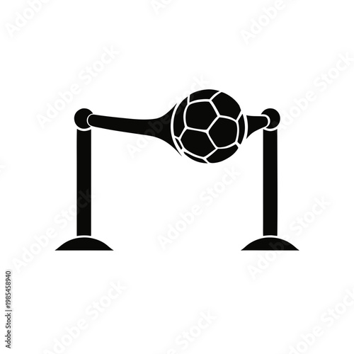Soccer ball hitting stanchion barrier rope, black and white sports silhouette vector, creative football goal concept icon for events