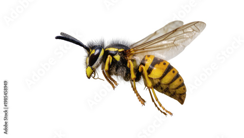 Yellow banded wasp with black head and legs in profile view