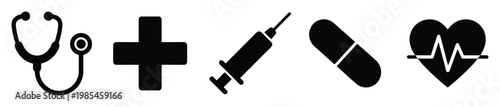 Essential health and medical icons featuring a stethoscope, cross, syringe, pill, and heartbeat symbol for healthcare services and wellness applications