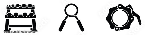 Essential gym workout accessories and strength training equipment icons featuring a dumbbell rack, hand gripper, and finger strengthener for health and fitness related projects.