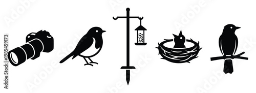 Detailed black silhouettes depicting bird photography essentials including a telephoto camera, different bird poses, a bird feeder, and a nest with a chick, ideal for wildlife enthusiasts