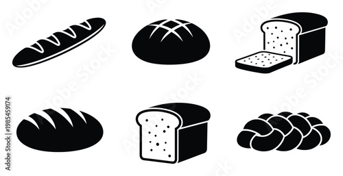 Diverse collection of bakery bread types depicted as bold black silhouettes perfect for menus, food blogs, or graphic design projects requiring versatile food icons
