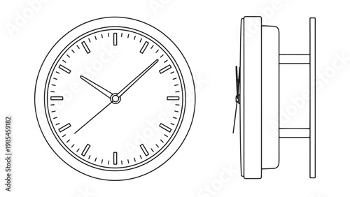 Minimalist Line Art Drawing of a Round Wall Clock with Front and Side Views, Illustrating Time Measurement and Punctuality in a Simple Vector Outline.