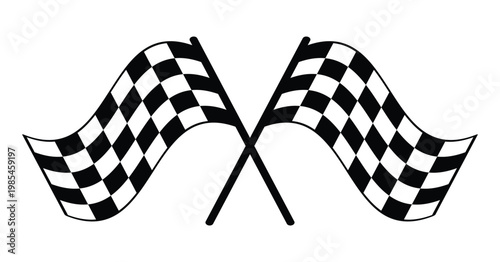 Crossed checkered racing flags in smooth wave style, black and white grid pattern with flowing motion, motorsport finish symbol, isolated graphic for formula one race events